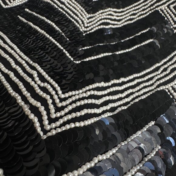 Vintage Crystal Silk Sequin Black White Sparkly Holiday Top M - Picture 6 of 7